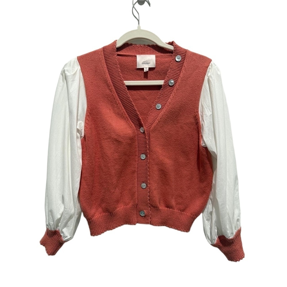 Cinq A Sept Layered Sweater Vest Shirt XS Orange White Ribbed Knit Puff Sleeve